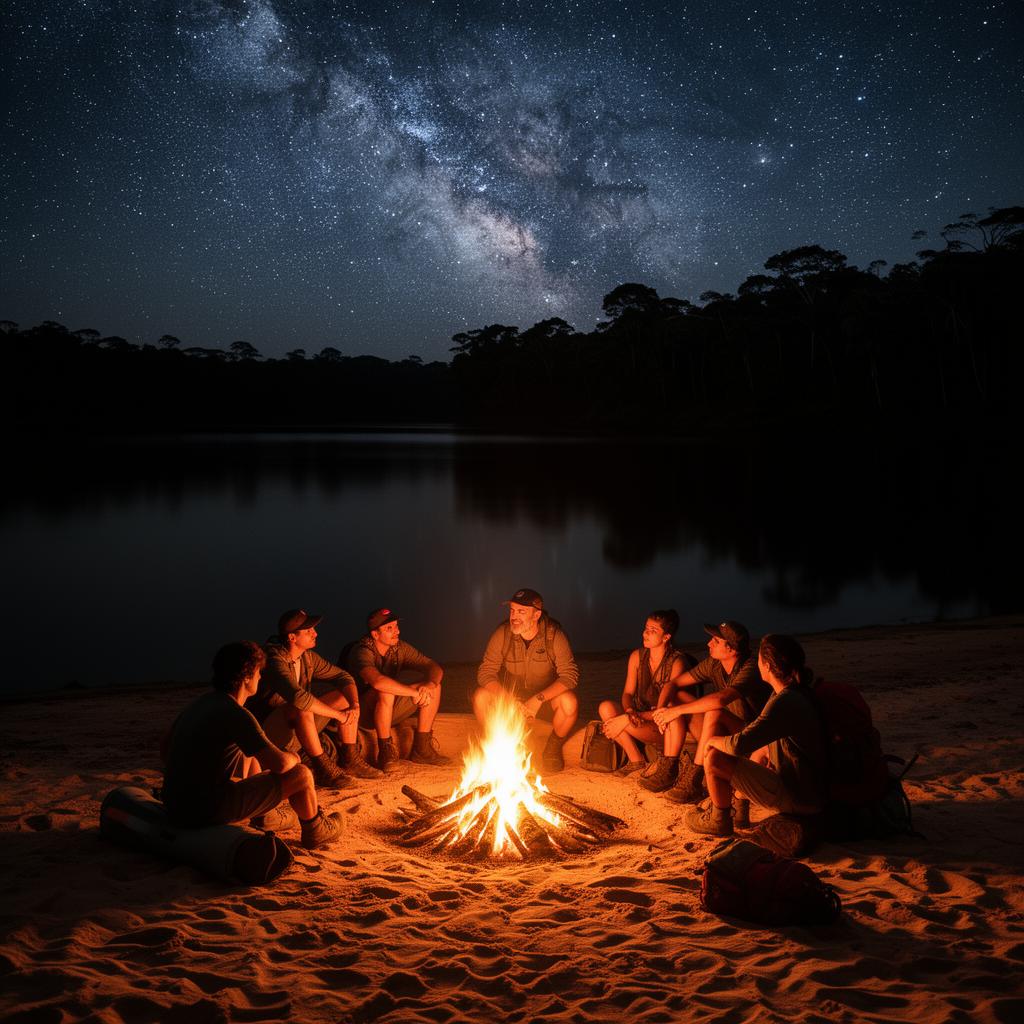 Night campfire on a river beach under the Milky Way