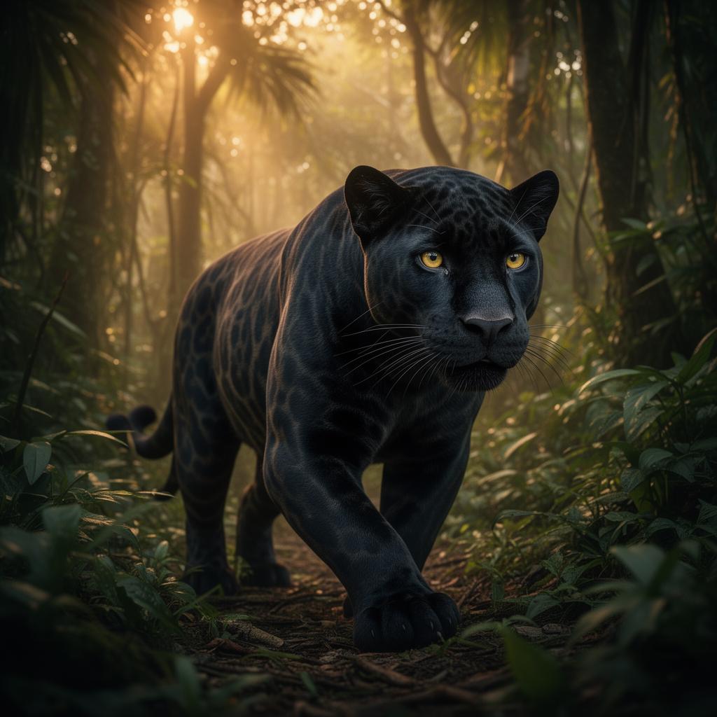 Black jaguar (onça preta) stalking through the Amazon rainforest at golden hour