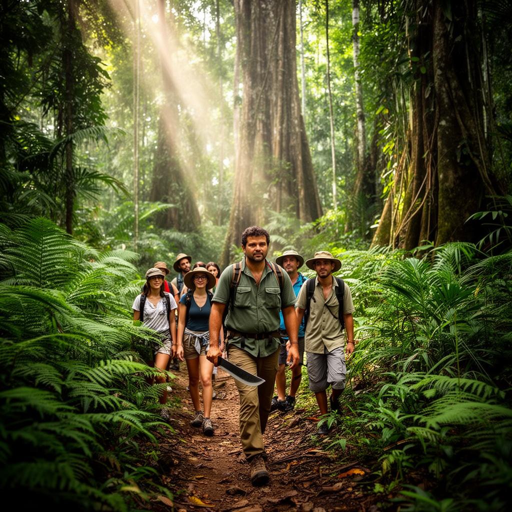 Figueiredo Magalhães leading travelers on a jungle trail