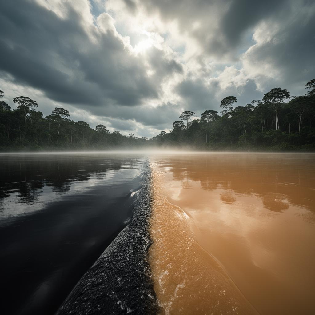 River-level view of the meeting of the waters, dark and sandy rivers