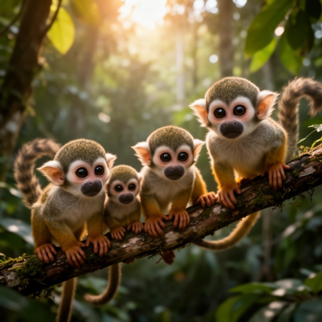 Squirrel monkeys playing on a branch in the Amazon canopy
