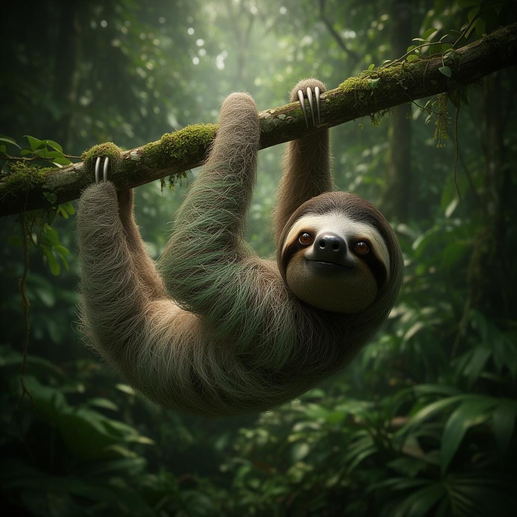 Three-toed sloth hanging from a mossy branch in the Amazon rainforest