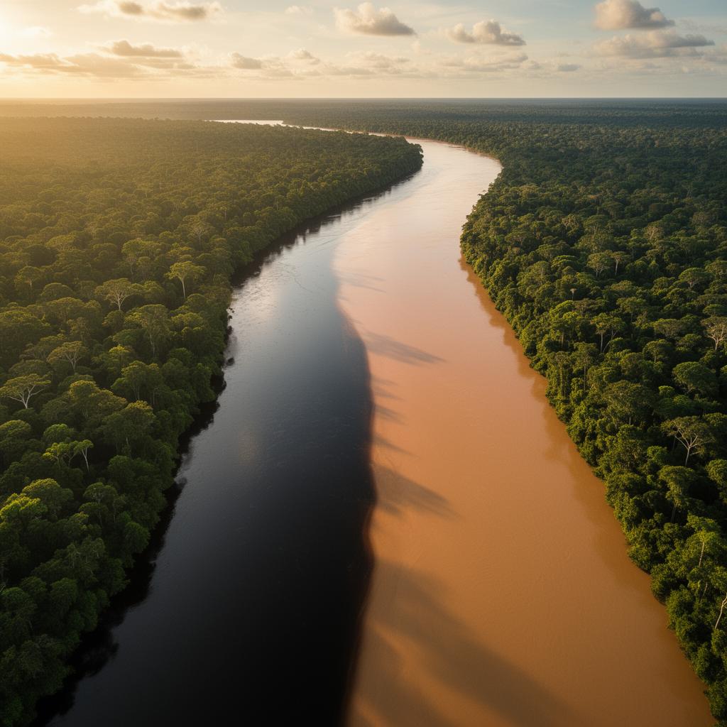 Aerial view of the Encontro das Águas — Rio Negro meets Solimões