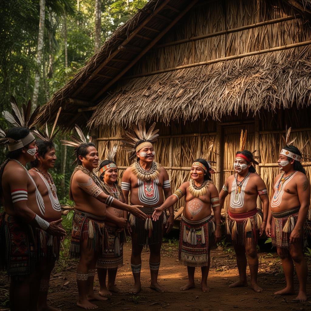 Indigenous community welcoming visitors at a maloca in the rainforest