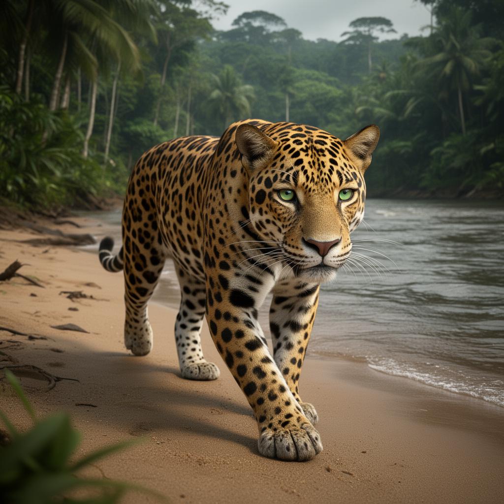 Spotted jaguar (onça pintada) walking along an Amazon river beach