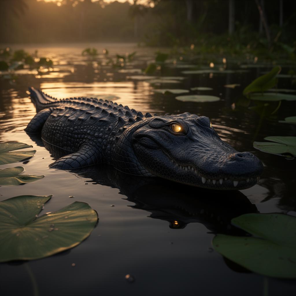 Black caiman (jacaré-açu) in the dark waters of Rio Negro at golden hour