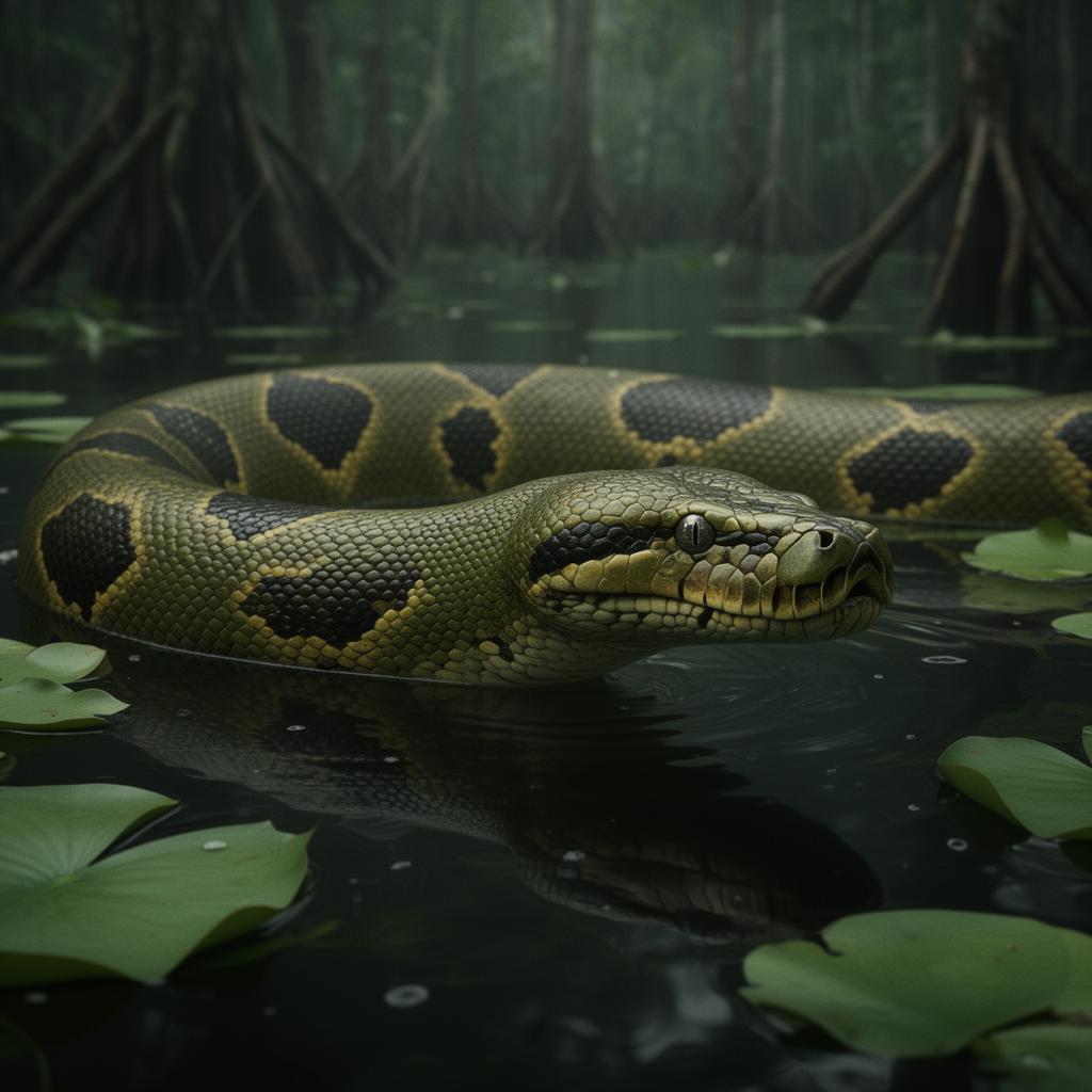 Green anaconda partially submerged in an Amazon igapó with lily pads